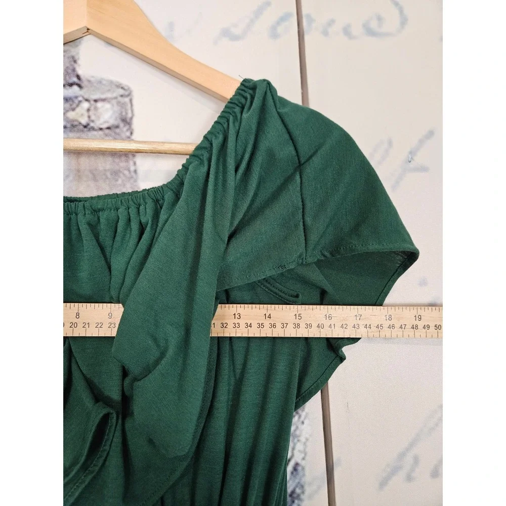 Sarin Mathews Maxi Dress M Green Off Shoulder Ruffle Side Slit Boho Cottagecore
